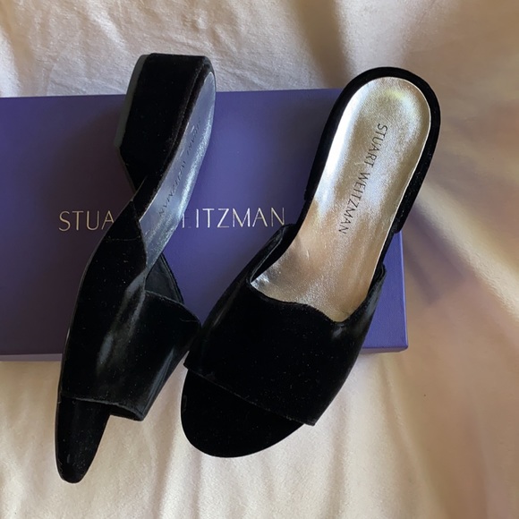 Stuart Weitzman Beautiful Black Velvet Slides New